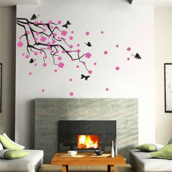 Cherry Blossom Branch with Butterflies Vinyl Wall Art Decal (WD-0176)